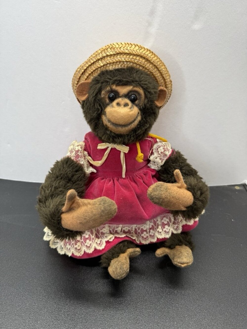 Vintage Plush Doll Girl Monkey Fur Over Wire Japan Poseable 13" Felt Feet